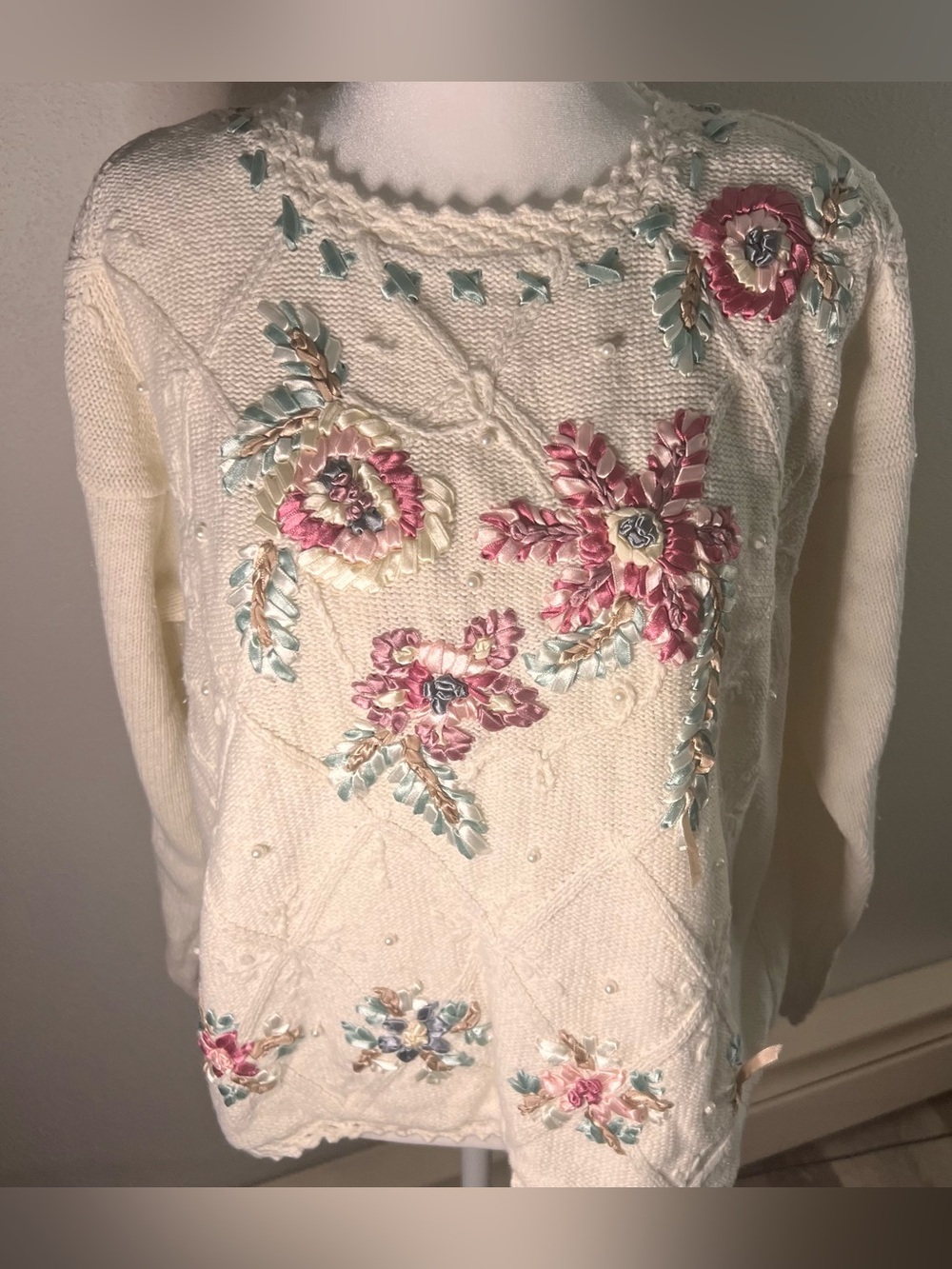 Cream Ribbon-Embroidered Floral Crewneck Sweater